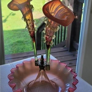 Unique Vintage Pink and Green Glass Epergne Centerpiece
